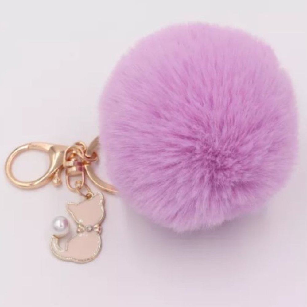TT-Rabbit Faux Fur Ball Key Chain / Purse Accessory with Cat - Lilac